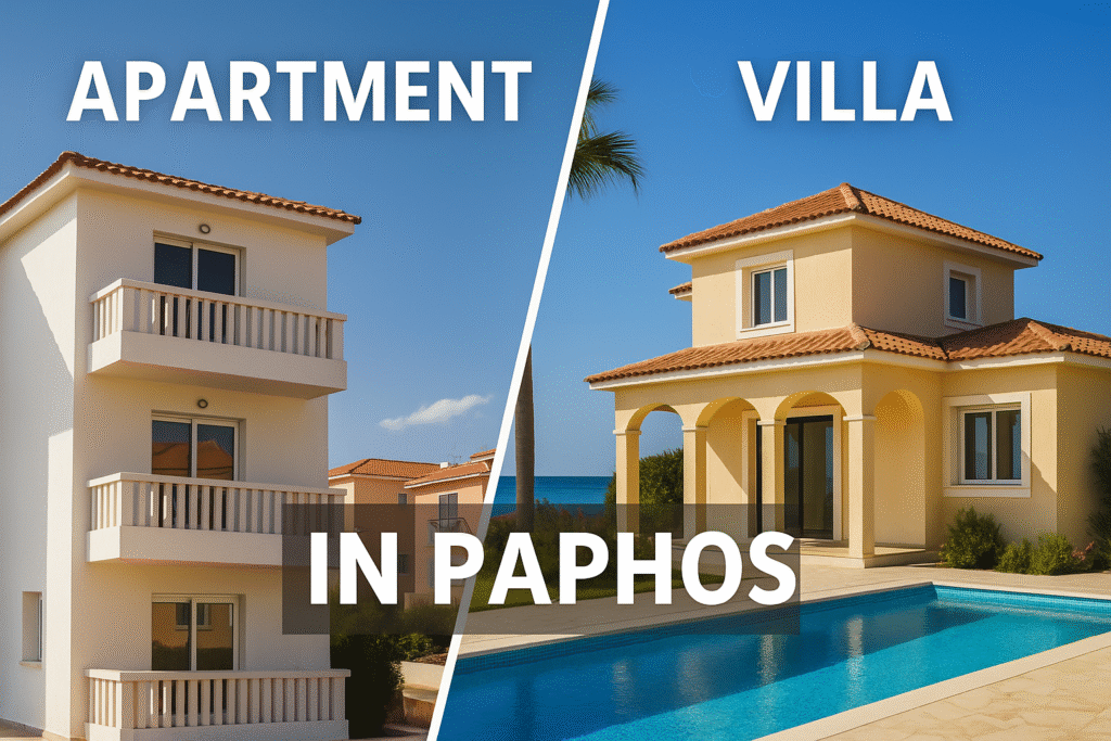 Comparison of apartment and villa in Paphos, Cyprus – modern apartment building with balconies on the left and Mediterranean-style villa with private pool on the right.