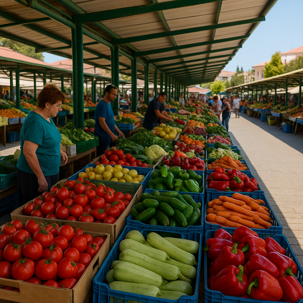 Fresh vegetables and fruits on display at Paphos local farmer’s market in Cyprus, with vendors and shoppers browsing colorful produce stalls.