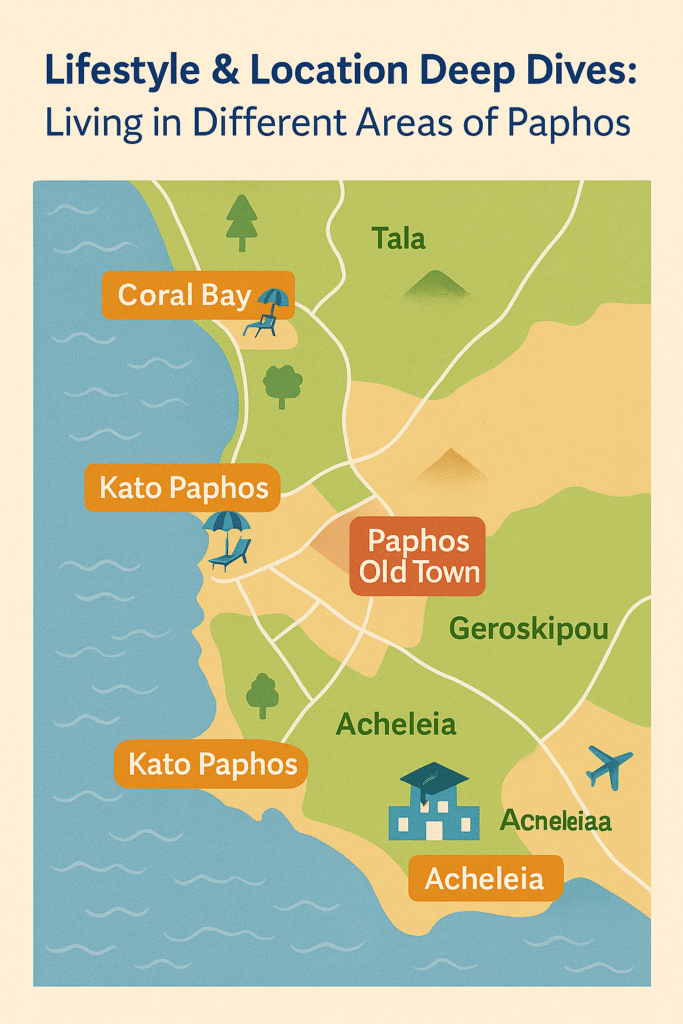 Illustrated map of Paphos showing key lifestyle areas including Coral Bay, Kato Paphos, Old Town, Tala, Geroskipou, and Acheleia — highlighting neighborhoods for expats, PR buyers, and investors in 2025