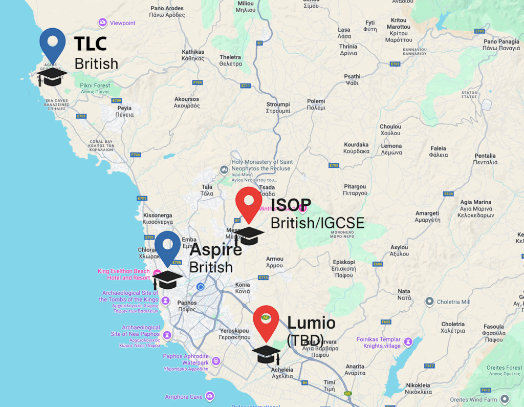 Infographic-map-of-Paphos-Cyprus-showing-locations-of-five-international-schools-ISOP-in-Anavargos-Aspire-in-Paphos-Town-TLC-in-Peyia-and-Lumio