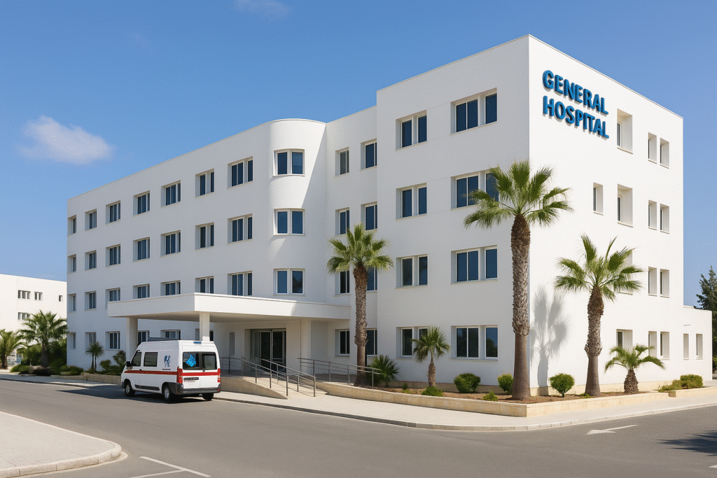 Modern white hospital building with palm trees and an ambulance in Paphos, Cyprus.