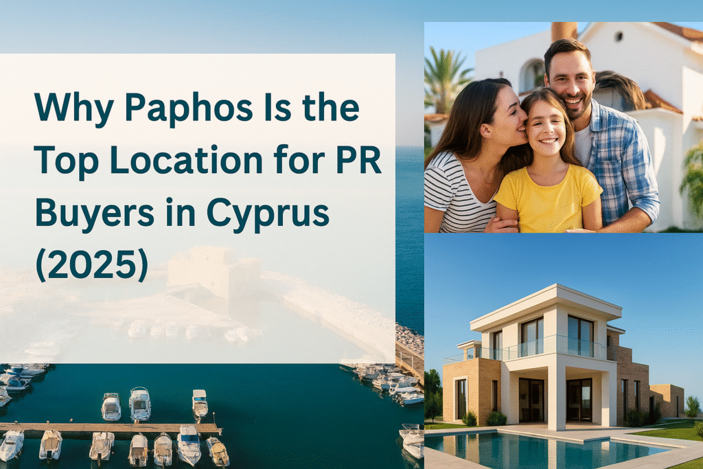 Why Paphos is the top location for PR buyers in Cyprus 2025 – infographic-style header with Paphos Marina, expat family lifestyle, and modern villa by the sea