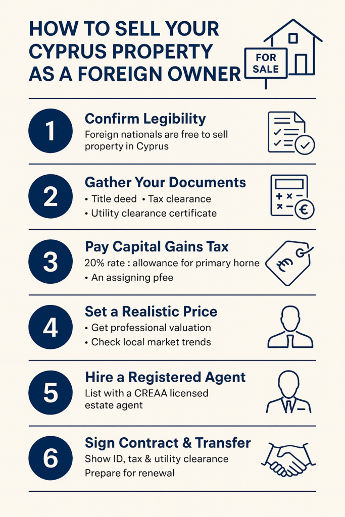 A comprehensive infographic that covers valuation, listing, marketing, legal transfer, and capital gains tax concerns for foreign owners looking to sell real estate in Cyprus