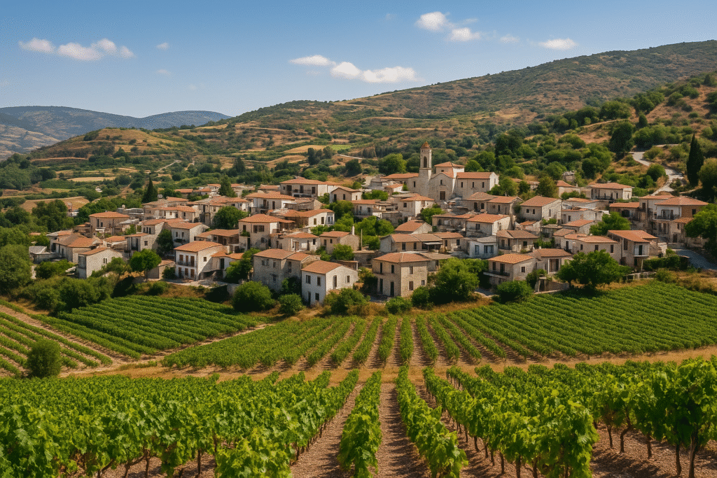 Aerial view of Kathikas village in Paphos surrounded by vineyards on the Laona-Akamas wine route