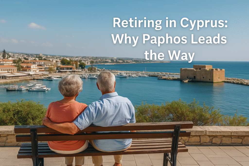 Retired couple enjoying the Mediterranean seaside lifestyle in Paphos, Cyprus, representing relaxed living and ideal conditions for retirees in 2025