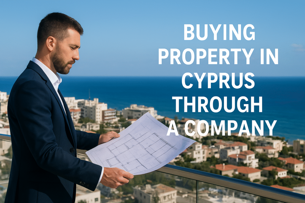 Businessperson reviewing property plans in Paphos, Cyprus with modern buildings in the background, symbolizing buying property through a company and VAT refund benefits under Cyprus law