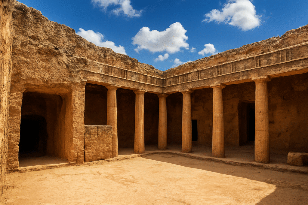 High-resolution photo of the Tombs of the Kings in Paphos, Cyprus, showing ancient limestone columns, archaeological chambers, and blue sky — ideal for a travel and real estate blog about top landmarks in Paphos