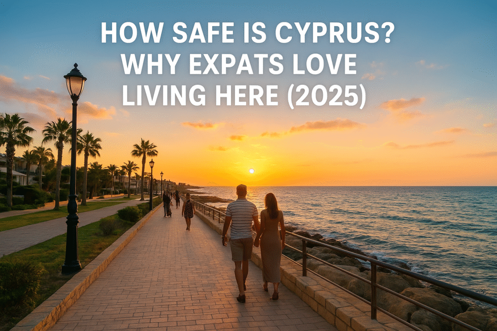 Safe and peaceful seafront promenade in Paphos, Cyprus at sunset with people walking, palm trees, and Mediterranean architecture — representing why expats love living in Cyprus