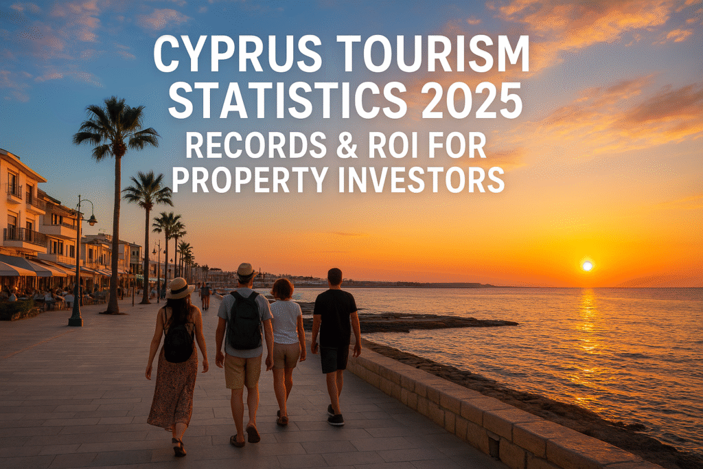 Tourists walking along the Paphos seafront promenade at sunset, showcasing Cyprus tourism growth in 2025, strong visitor numbers, and high ROI potential for short-term rental property investors